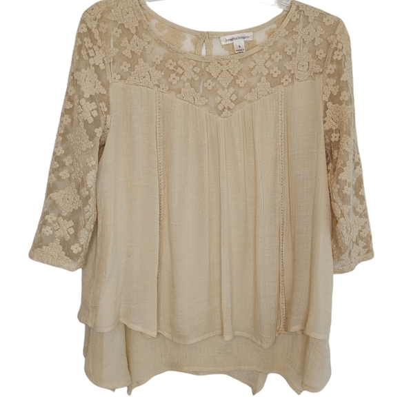 JohnPaulRichard Top Blouse Peasant Boho Penny Lane Tunic Lace Beige Tan Small - Picture 1 of 13
